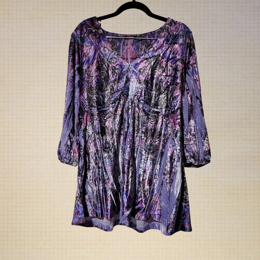 Y2K Apt.9 Velvet Paisley Cinched V Neck Top 2X XXL Stretchy Three Quarter Sleeve
